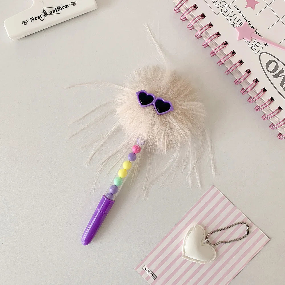 Cartoon Funny Googly Eyes Glasses Pom Pom Ball Pen Creative Writing Ballpoint Pen for School Girls Journal Stationery Kids Gift