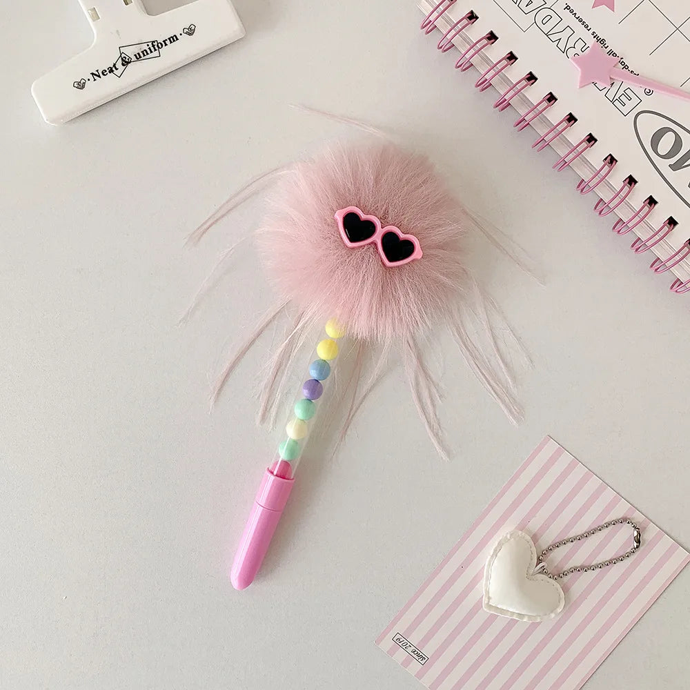 Cartoon Funny Googly Eyes Glasses Pom Pom Ball Pen Creative Writing Ballpoint Pen for School Girls Journal Stationery Kids Gift