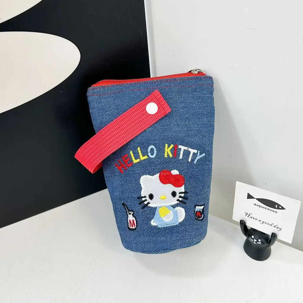 Hello Kitty Embroidery Pen Case Large Capacity Water Bucket Design Foldable Portable Pencil Bag For School College Students