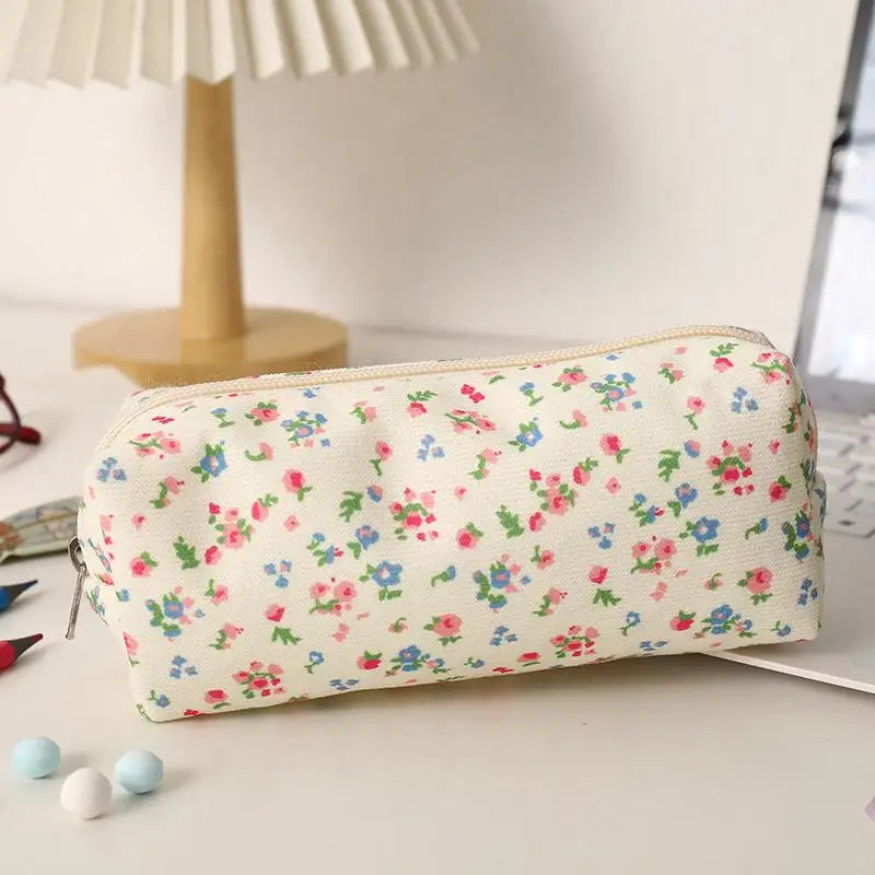 Cute Bow Floral Pen Bag Cherry Pencil Case Portable Large Capacity Student Stationery Storage Bag Girly Cosmetic Bag Gifts