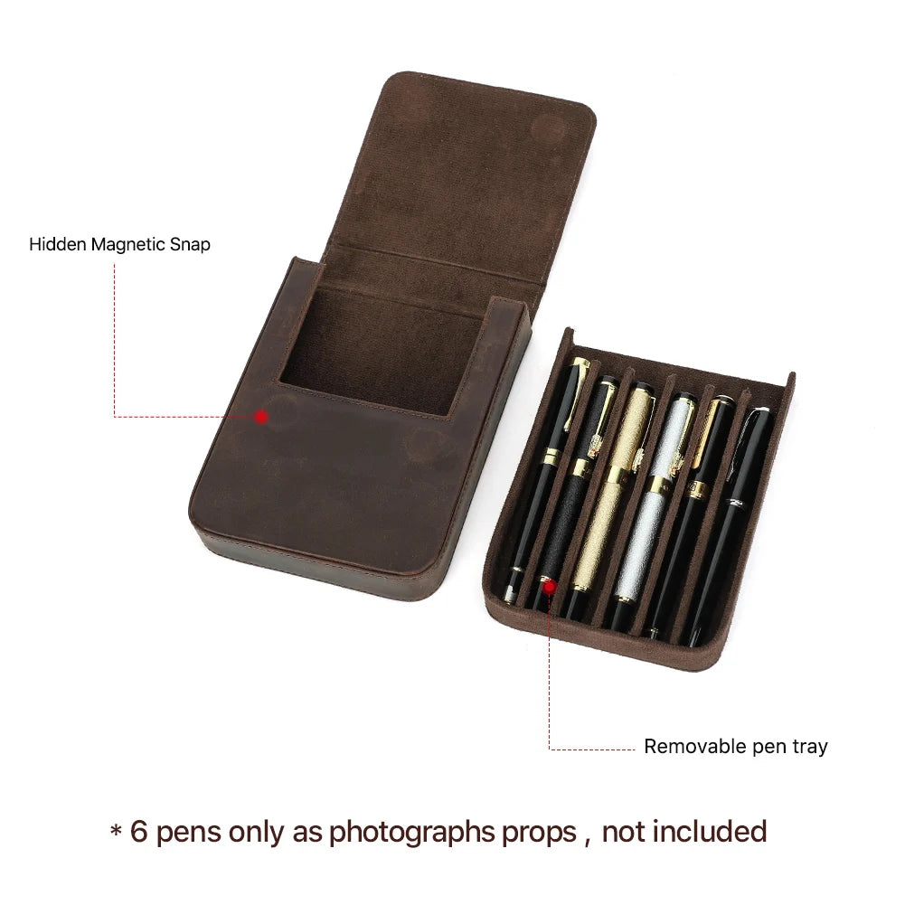 CONTACT'S FAMILY Handmade Fountain Pen Case Genuine Leather Holder Pencil Pouch Retro Pen Box Organizer School Office Men Women
