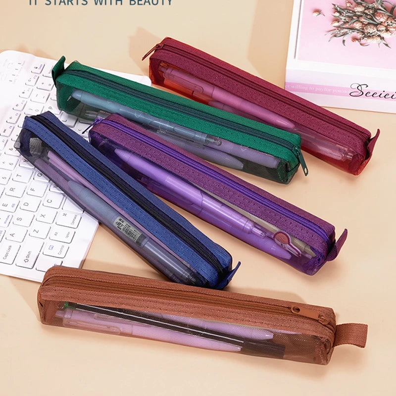 Mesh Pencil Case Portable Zipper Pouch Stationery Organizer Students Exams Pencil Case School Stationery Supplies