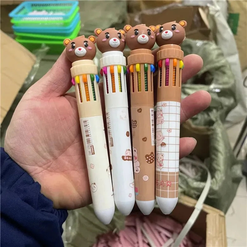 Creative Cartoon Cute Bear Pressing Pen 10 Color Ballpoint Pen Student Stationery Color Press Ten Color Ballpoint Pen office