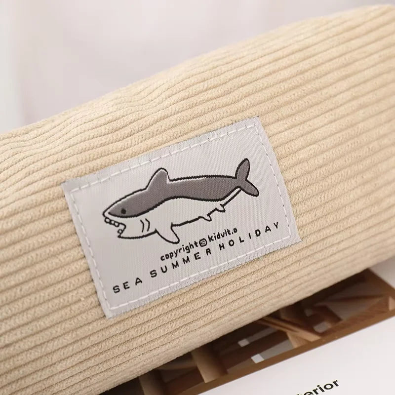 LUSQI Creative Cartoon Shark Corduroy Pencil Case Stain-Resistant Student Pencil Case Unisex Large Capacity Stationery Case