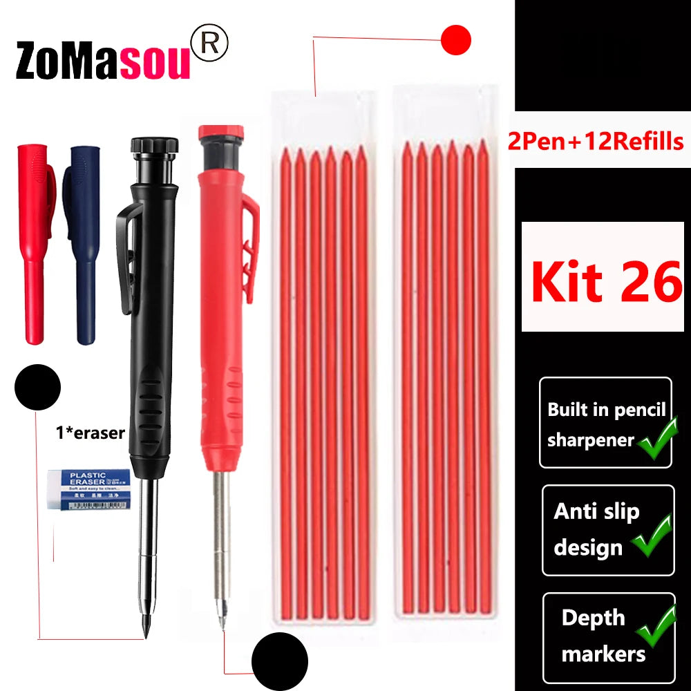 Top Solid Carpenter Mechanical Pencil Woodworking Long Head Deep Hole Markers Pen Pencils Refill Leads Sharpener Stationery