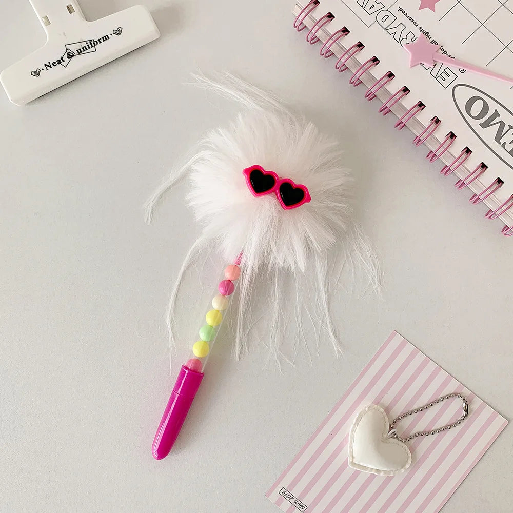 Cartoon Funny Googly Eyes Glasses Pom Pom Ball Pen Creative Writing Ballpoint Pen for School Girls Journal Stationery Kids Gift