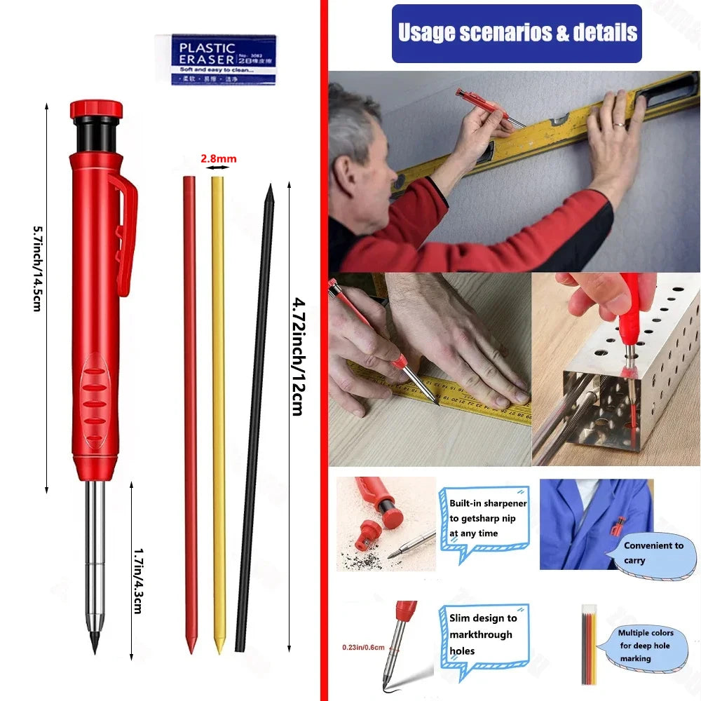 Top Solid Carpenter Mechanical Pencil Woodworking Long Head Deep Hole Markers Pen Pencils Refill Leads Sharpener Stationery