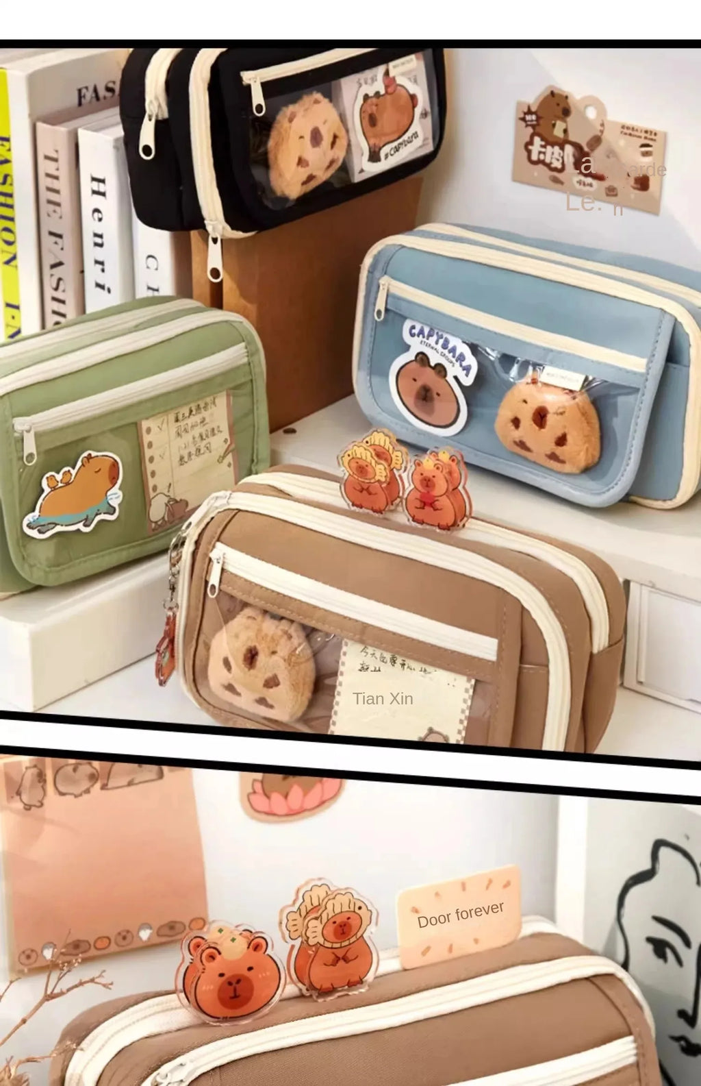 Large Capacity Pencil Bag Capybara Cartoon Canvas Stationery Holder Bag With Brooches stickers clips keychains Children Pen Case