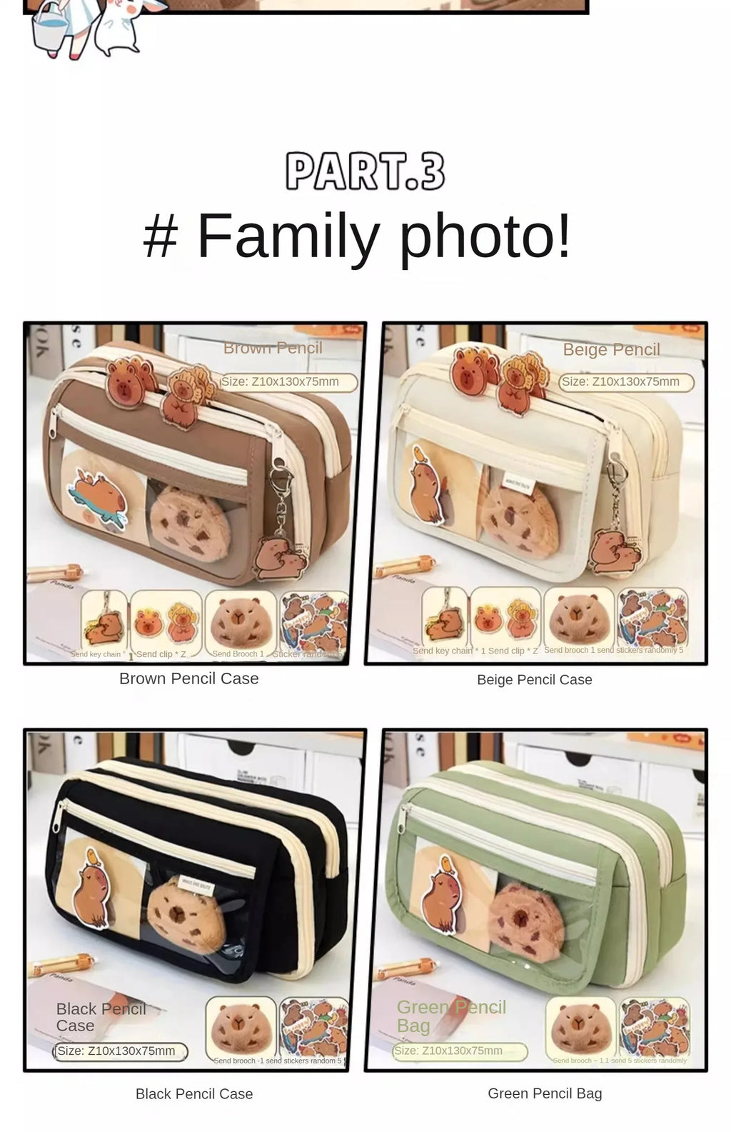 Large Capacity Pencil Bag Capybara Cartoon Canvas Stationery Holder Bag With Brooches stickers clips keychains Children Pen Case