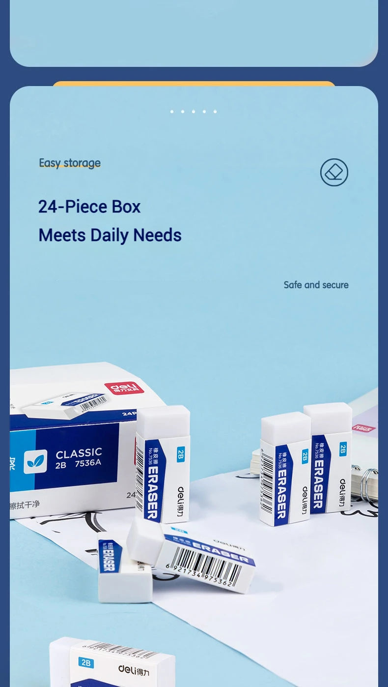Deli 2B White Erasers Soft PVC Mess-Free Clean Rubber for Pencils Exam Office School Sketching Art Supplies