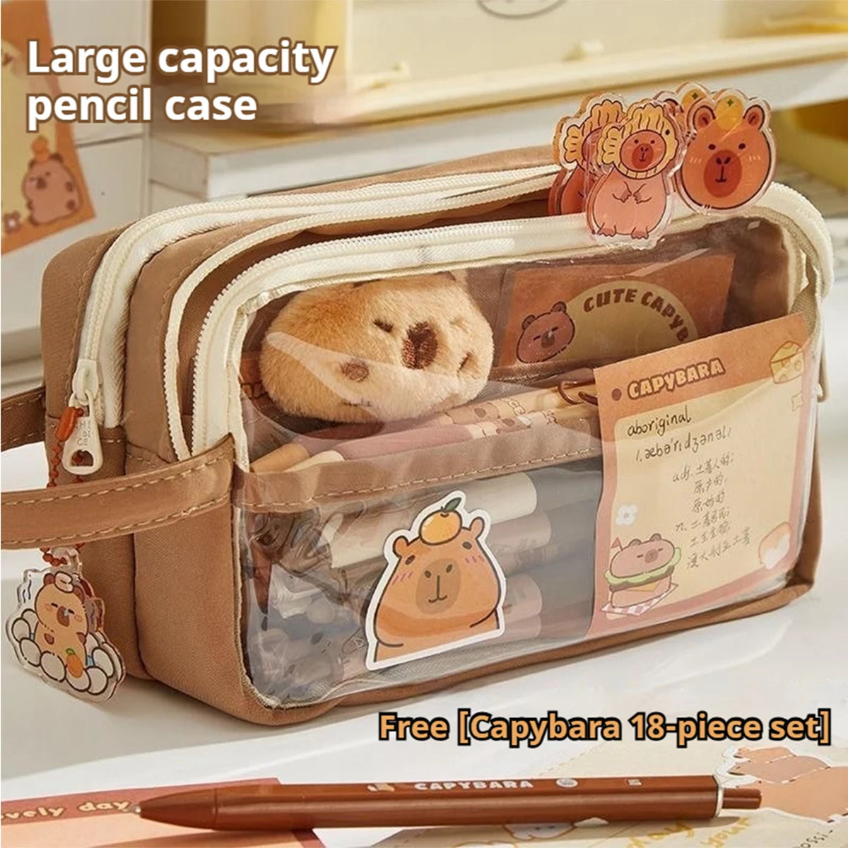 Kawaii Large Capacity Transparent Pencil Pouch with Handle Capybara Portable School Stationery Bag Set for Kids Back to School