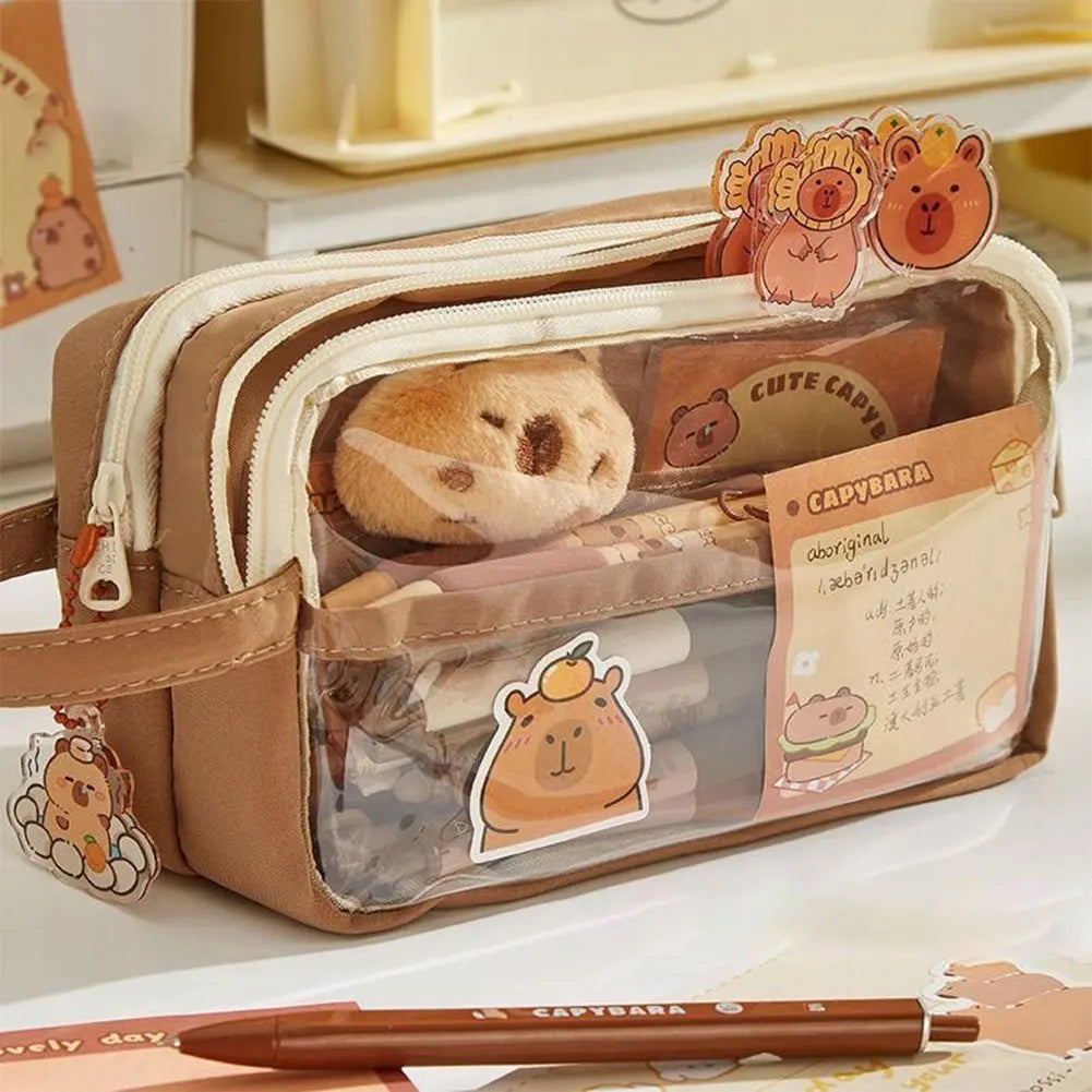 Capybara Kawaii Pencil Case with Compartments Pencil Pouch with Sticker Pendant Stationary Bag for Office School