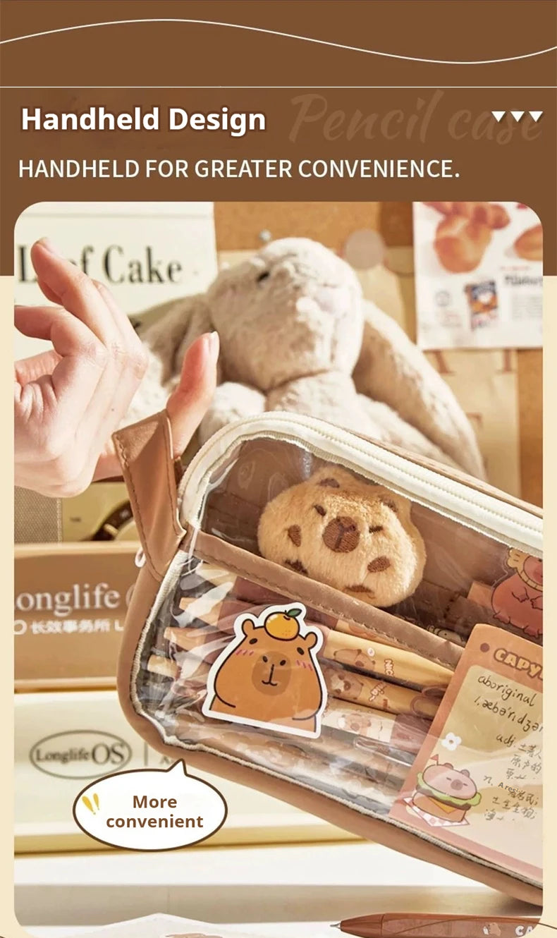 Kawaii Large Capacity Transparent Pencil Pouch with Handle Capybara Portable School Stationery Bag Set for Kids Back to School