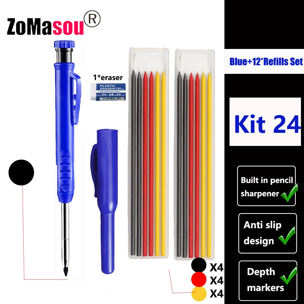 Top Solid Carpenter Mechanical Pencil Woodworking Long Head Deep Hole Markers Pen Pencils Refill Leads Sharpener Stationery