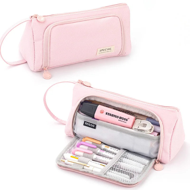 Pink Pencil Bag Holder Case High Capacity Pen Pouch Denim Canvas School Office Supplies Korea Stationery Gift Box Organizer Stor