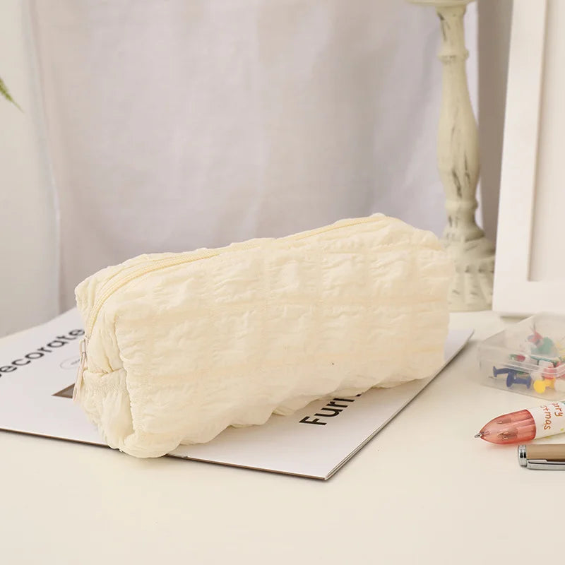 1pcs Creative Cream Puff Pencil Bags Student Large Capacity Solid Color Pencil Case Multi-functional Storage Bag Stationery Box