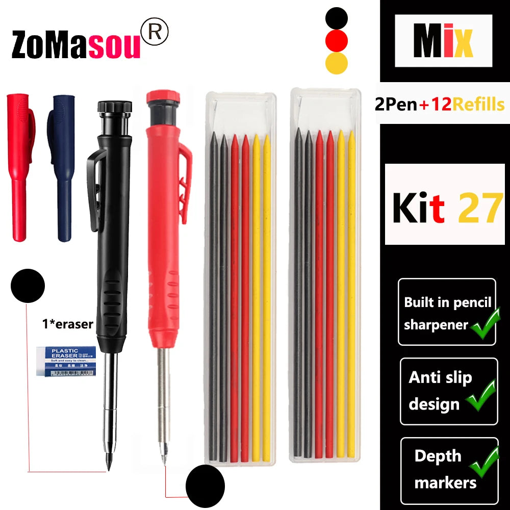 Top Solid Carpenter Mechanical Pencil Woodworking Long Head Deep Hole Markers Pen Pencils Refill Leads Sharpener Stationery