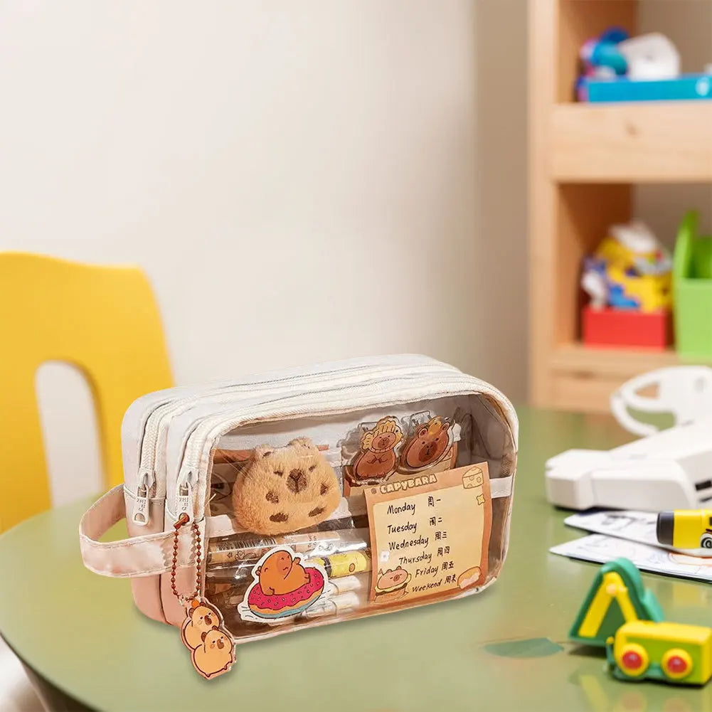 Capybara Kawaii Pencil Case with Compartments Pencil Pouch with Sticker Pendant Stationary Bag for Office School