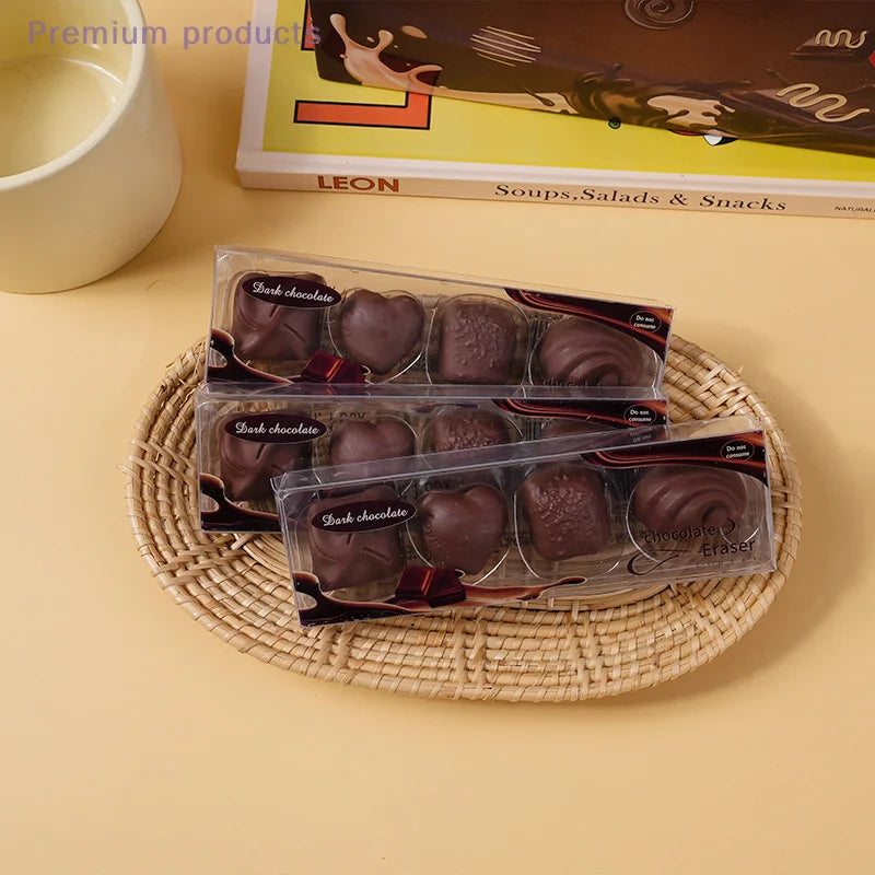4pcs/box Chocolate Design Eraser Set Student Office School Supplies Writing Pencil Eraser Gift Prize Creative Stationery