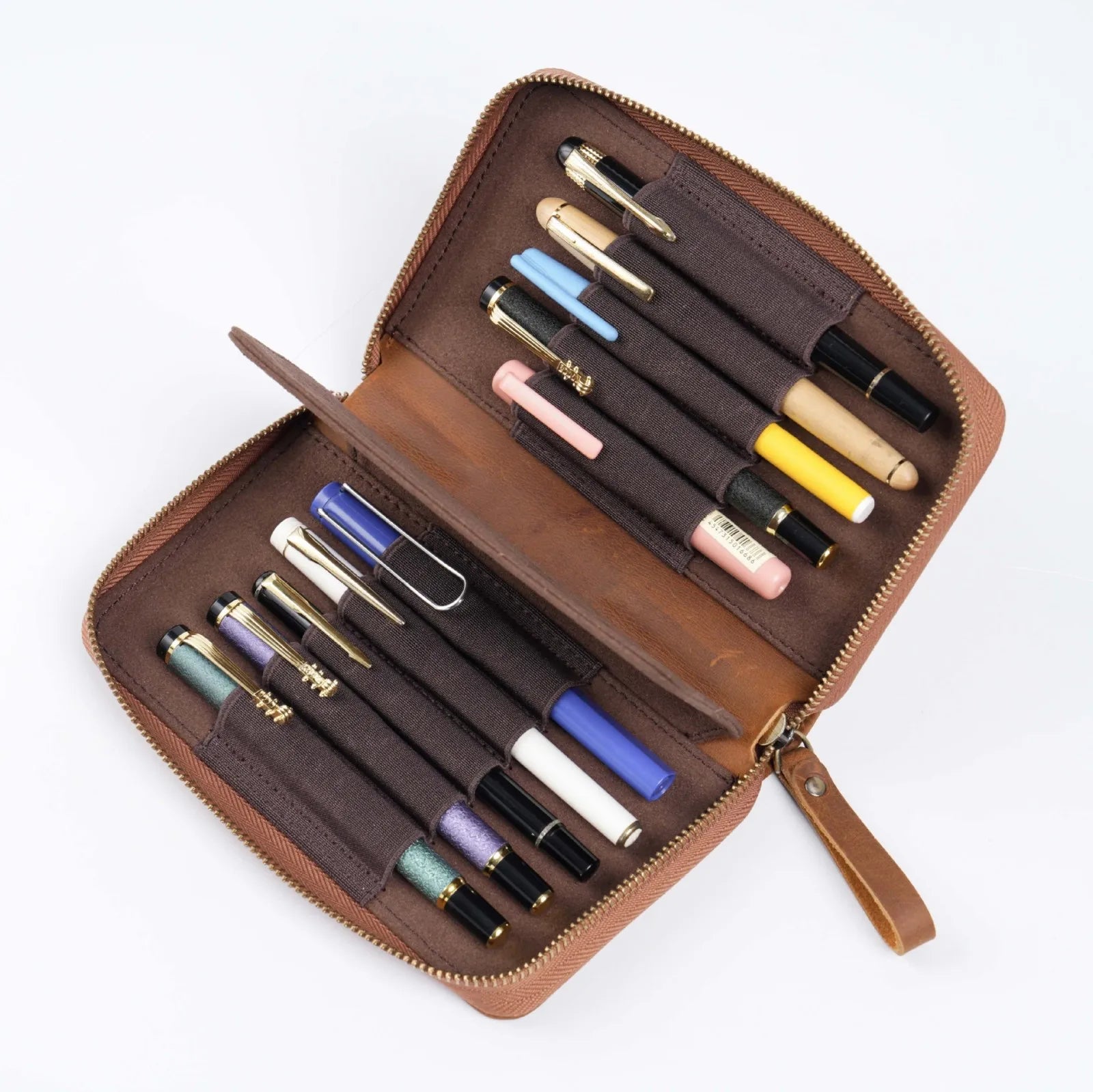 Genuine Leather Fountain Pen Holder Case with Divider, Large Capacity Pencil Pouch Pen Bag for 10 Pens, for Students Stationery