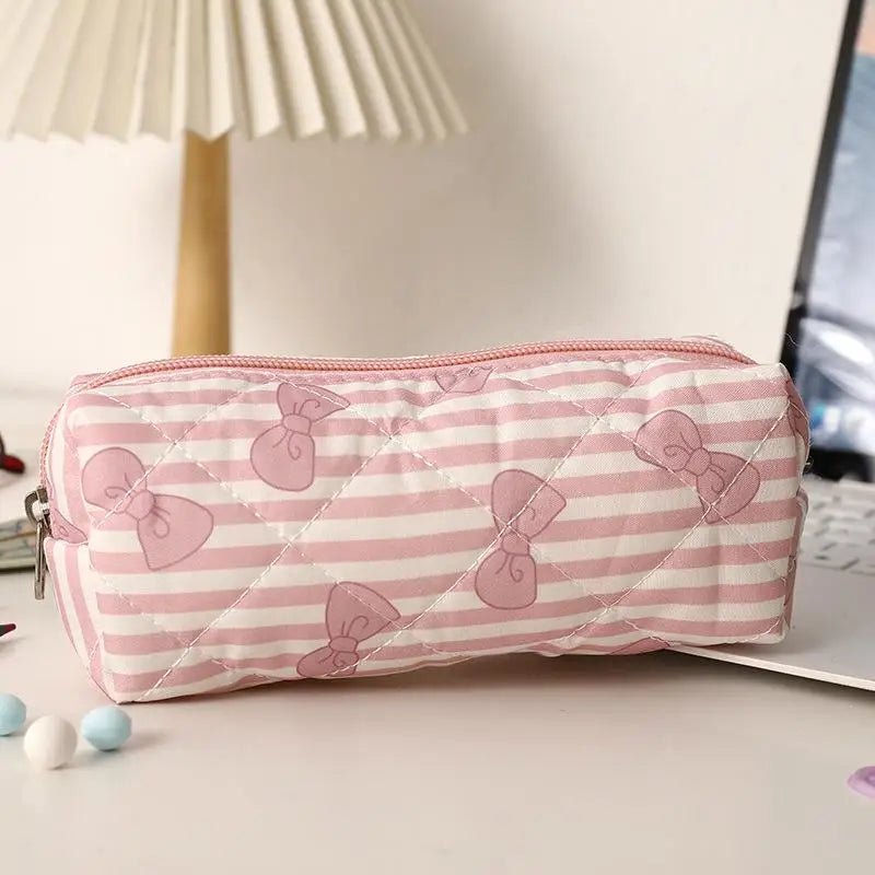 Cute Bow Floral Pen Bag Cherry Pencil Case Portable Large Capacity Student Stationery Storage Bag Girly Cosmetic Bag Gifts