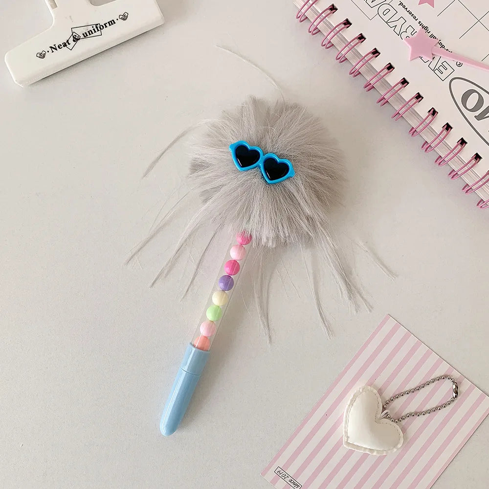 Cartoon Funny Googly Eyes Glasses Pom Pom Ball Pen Creative Writing Ballpoint Pen for School Girls Journal Stationery Kids Gift