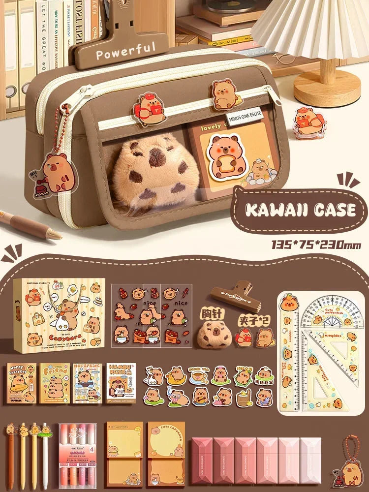 Large Capacity Pencil Bag Capybara Cartoon Canvas Stationery Holder Bag With Brooches stickers clips keychains Children Pen Case