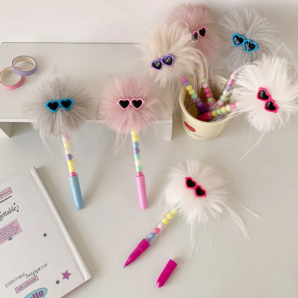 Cartoon Funny Googly Eyes Glasses Pom Pom Ball Pen Creative Writing Ballpoint Pen for School Girls Journal Stationery Kids Gift