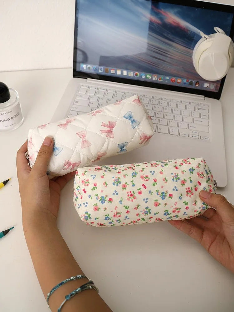 Cute Bow Floral Pen Bag Cherry Pencil Case Portable Large Capacity Student Stationery Storage Bag Girly Cosmetic Bag Gifts