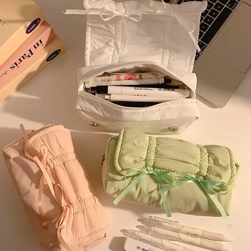 1pcs Creative Korea Style Bow Pencil Case Large Capacity Multi-layer Storage Drawstring Pencil Bags Office Supplies Storage Bag