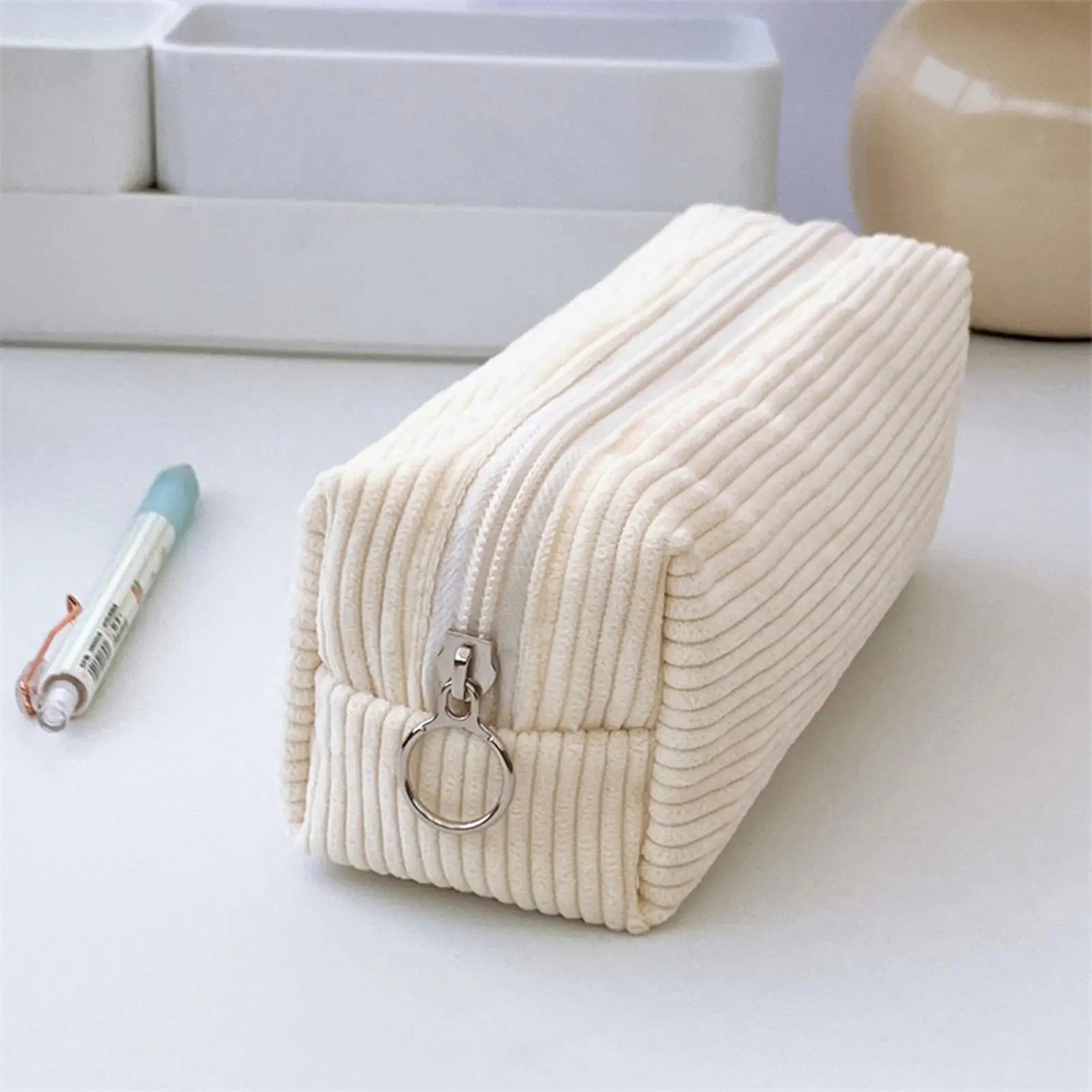 Beige Pencil Pouch Fashionable Makeup Bag Cute Corduroy Pencil Case For Office Large Capacity Zipper Makeup Pouch Pencil Bag