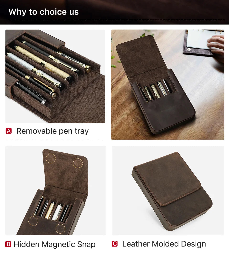 CONTACT'S FAMILY Handmade Fountain Pen Case Genuine Leather Holder Pencil Pouch Retro Pen Box Organizer School Office Men Women