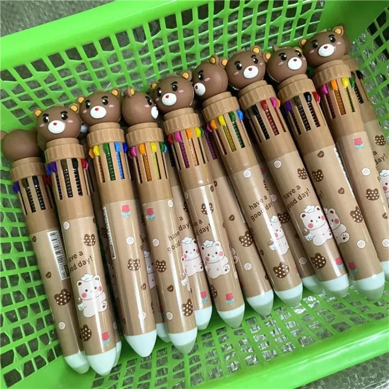 Creative Cartoon Cute Bear Pressing Pen 10 Color Ballpoint Pen Student Stationery Color Press Ten Color Ballpoint Pen office