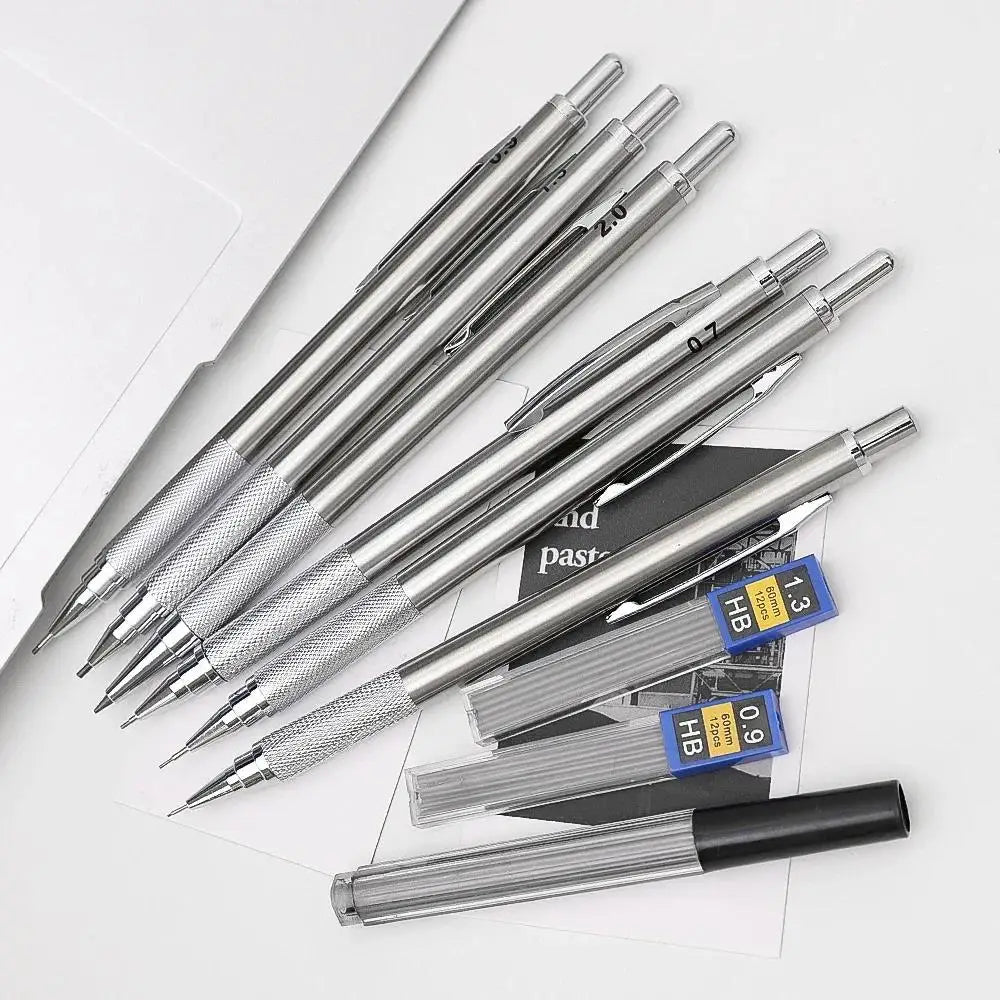 0.5/0.7/0.9/1.3/2.0mm Automatic Pencil Metal Mechanical Pencils Sets With Pencils Grip Leads Art Drawing Student Office Supplies