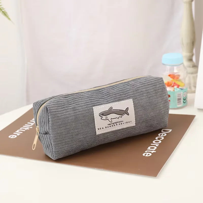 LUSQI Creative Cartoon Shark Corduroy Pencil Case Stain-Resistant Student Pencil Case Unisex Large Capacity Stationery Case