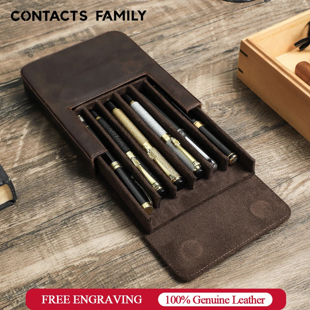 CONTACT'S FAMILY Handmade Fountain Pen Case Genuine Leather Holder Pencil Pouch Retro Pen Box Organizer School Office Men Women