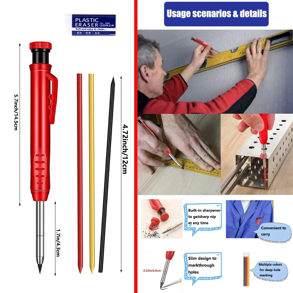 Top Solid Carpenter Mechanical Pencil Woodworking Long Head Deep Hole Markers Pen Pencils Refill Leads Sharpener Stationery
