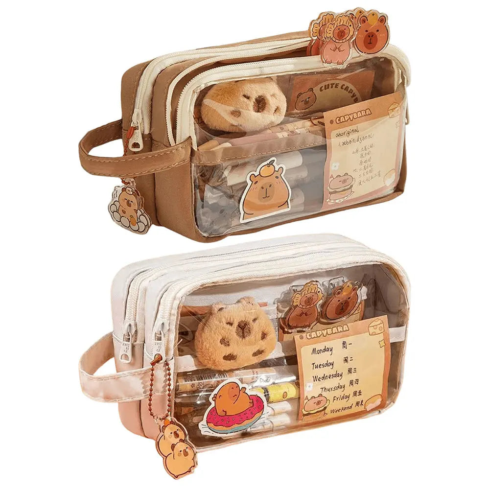 Capybara Kawaii Pencil Case with Compartments Pencil Pouch with Sticker Pendant Stationary Bag for Office School