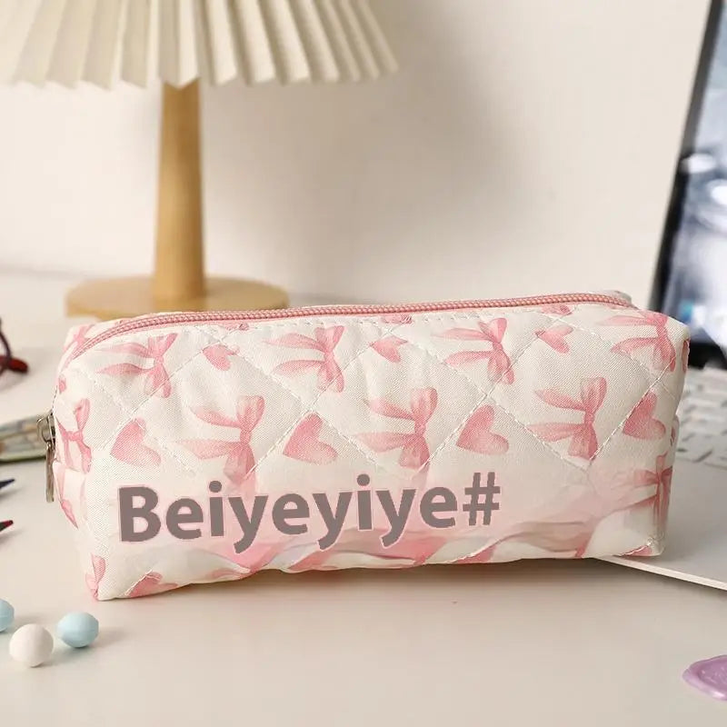 Cute Bow Floral Pen Bag Cherry Pencil Case Portable Large Capacity Student Stationery Storage Bag Girly Cosmetic Bag Gifts