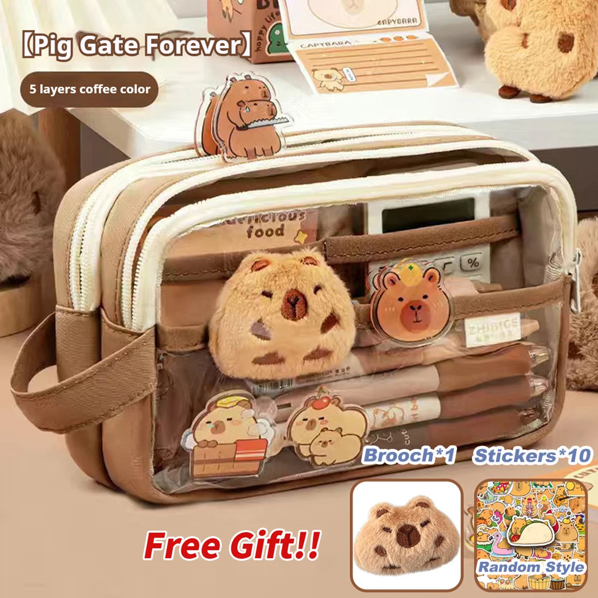 Kawaii Large Capacity Transparent Pencil Pouch with Handle Capybara Portable School Stationery Bag Set for Kids Back to School
