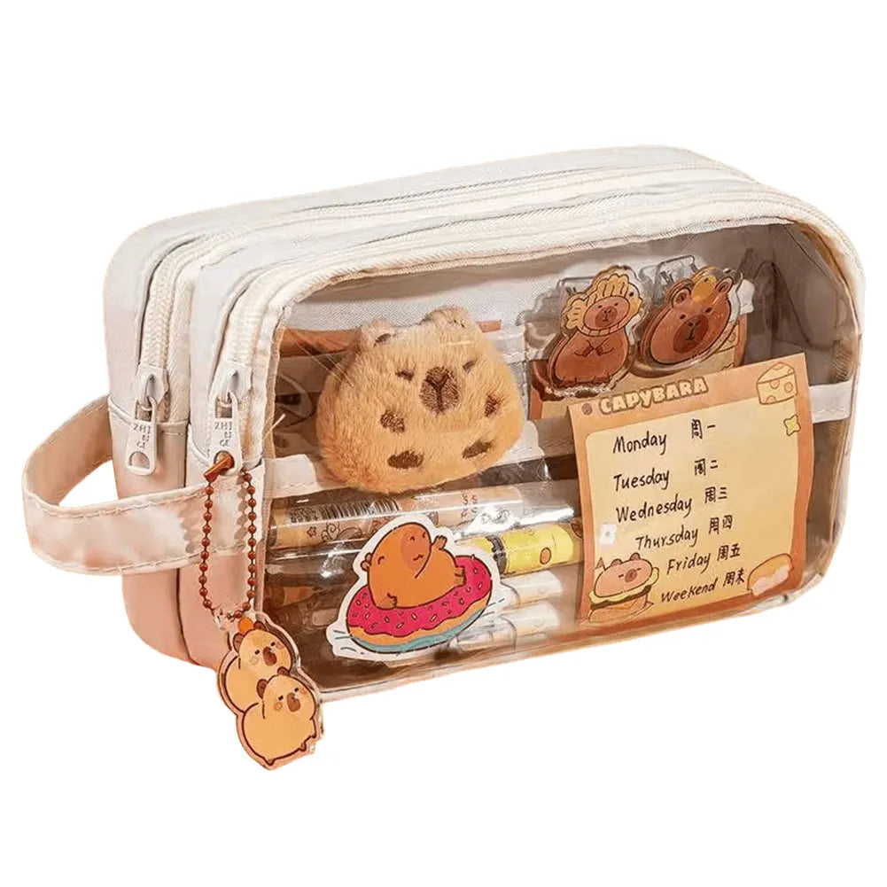 Capybara Kawaii Pencil Case with Compartments Pencil Pouch with Sticker Pendant Stationary Bag for Office School