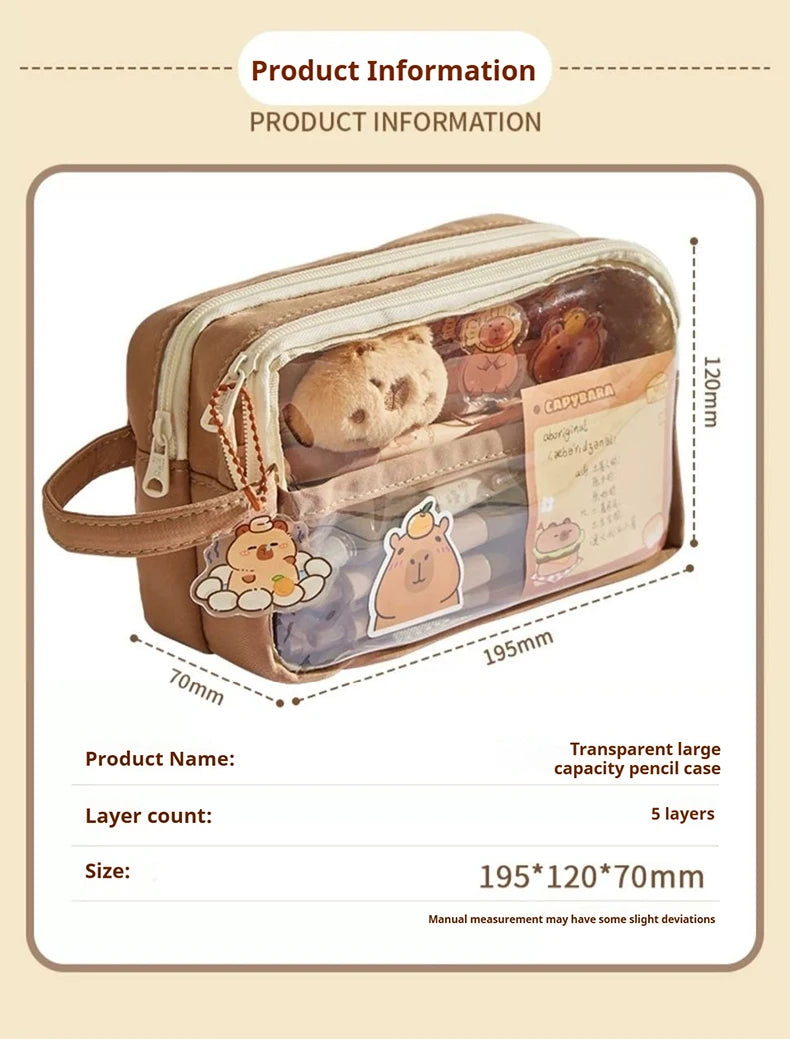 Kawaii Large Capacity Transparent Pencil Pouch with Handle Capybara Portable School Stationery Bag Set for Kids Back to School