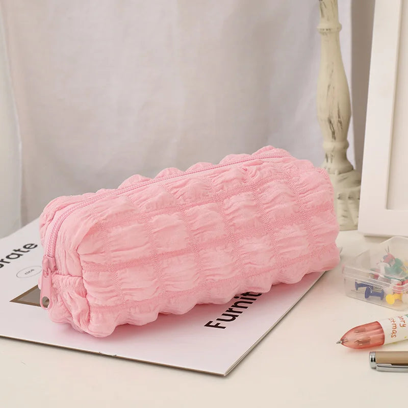 1pcs Creative Cream Puff Pencil Bags Student Large Capacity Solid Color Pencil Case Multi-functional Storage Bag Stationery Box