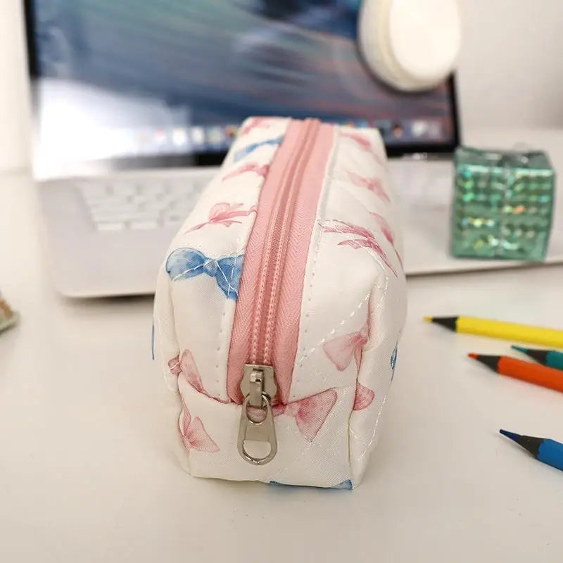 Cute Bow Floral Pen Bag Cherry Pencil Case Portable Large Capacity Student Stationery Storage Bag Girly Cosmetic Bag Gifts