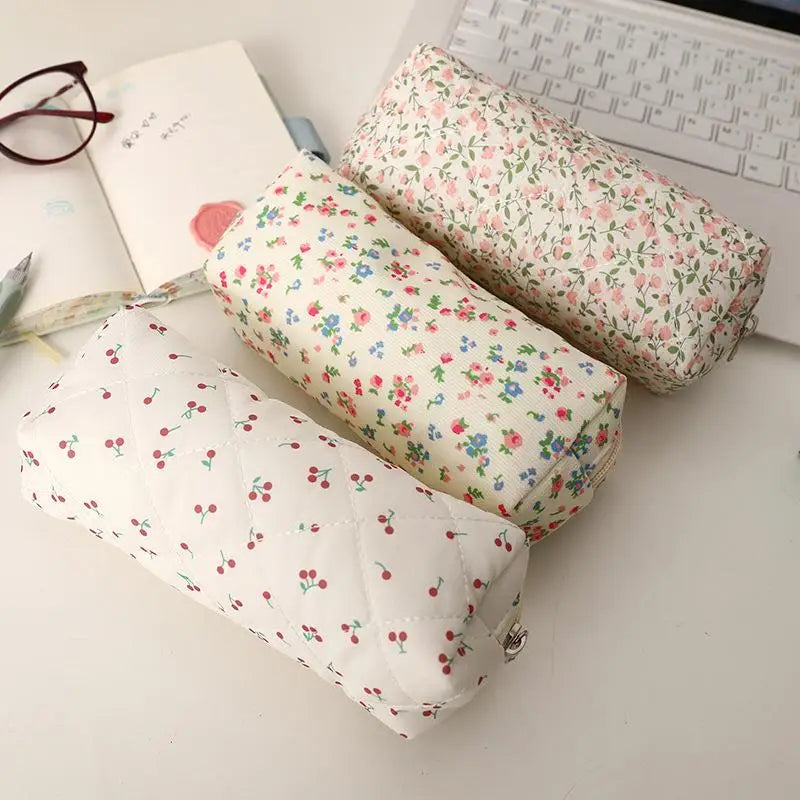Cute Bow Floral Pen Bag Cherry Pencil Case Portable Large Capacity Student Stationery Storage Bag Girly Cosmetic Bag Gifts