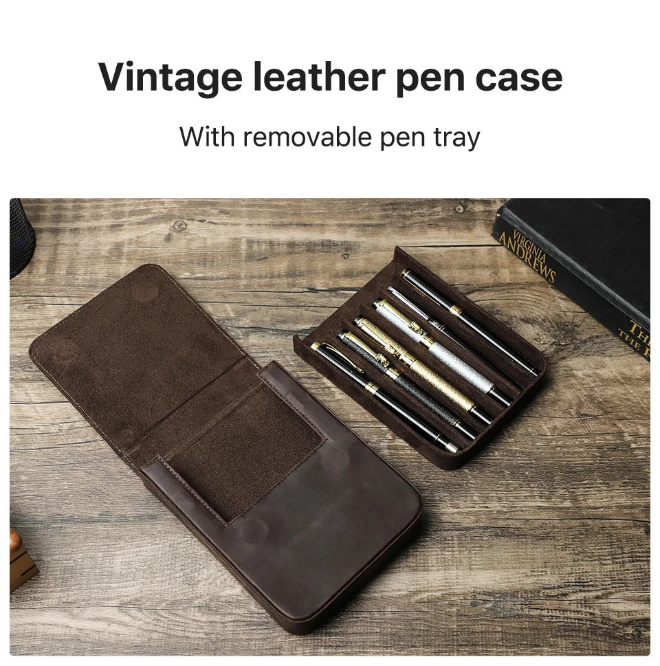 CONTACT'S FAMILY Handmade Fountain Pen Case Genuine Leather Holder Pencil Pouch Retro Pen Box Organizer School Office Men Women