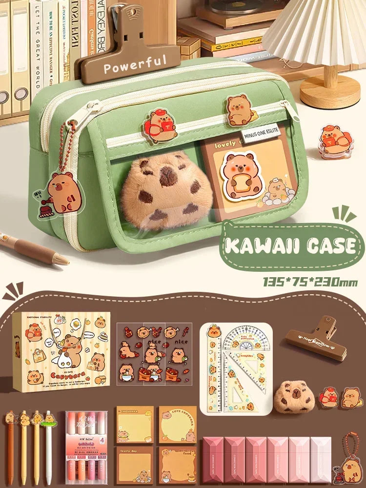 Large Capacity Pencil Bag Capybara Cartoon Canvas Stationery Holder Bag With Brooches stickers clips keychains Children Pen Case