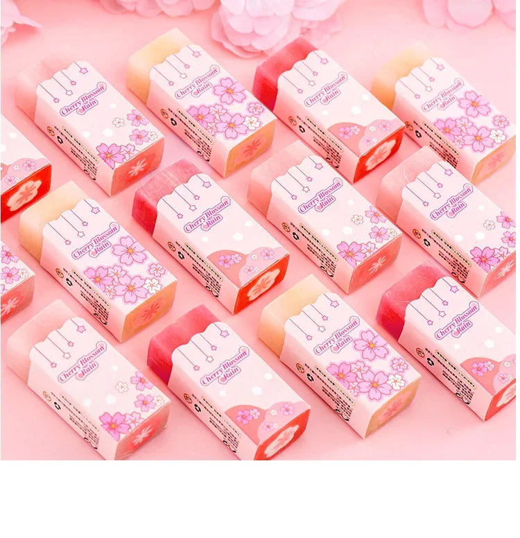 Lot Kawaii Cherry Blossom Sandwich Pencil Eraser Children Cute Less Debris Rubber Sakura Slice Erasers School Stationery