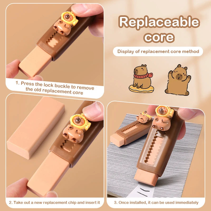 Kawaii Cute Push Pull Capybara Eraser Soft School Supplies Clean Mess Free Stationary Office Student Rubber Eraser For Kids Gift