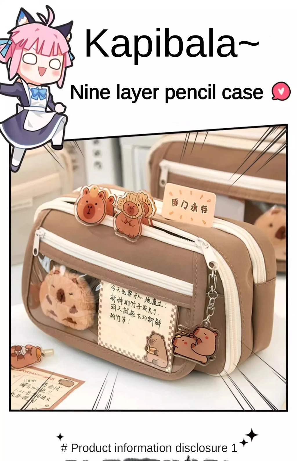 Large Capacity Pencil Bag Capybara Cartoon Canvas Stationery Holder Bag With Brooches stickers clips keychains Children Pen Case